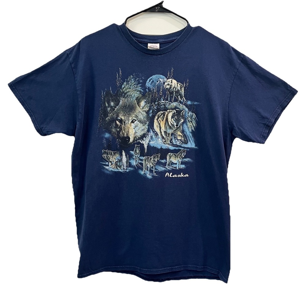 Vintage Y2K Alaska Wolves Shirt Mens Size Large Navy Short Sleeve Wolf Nature